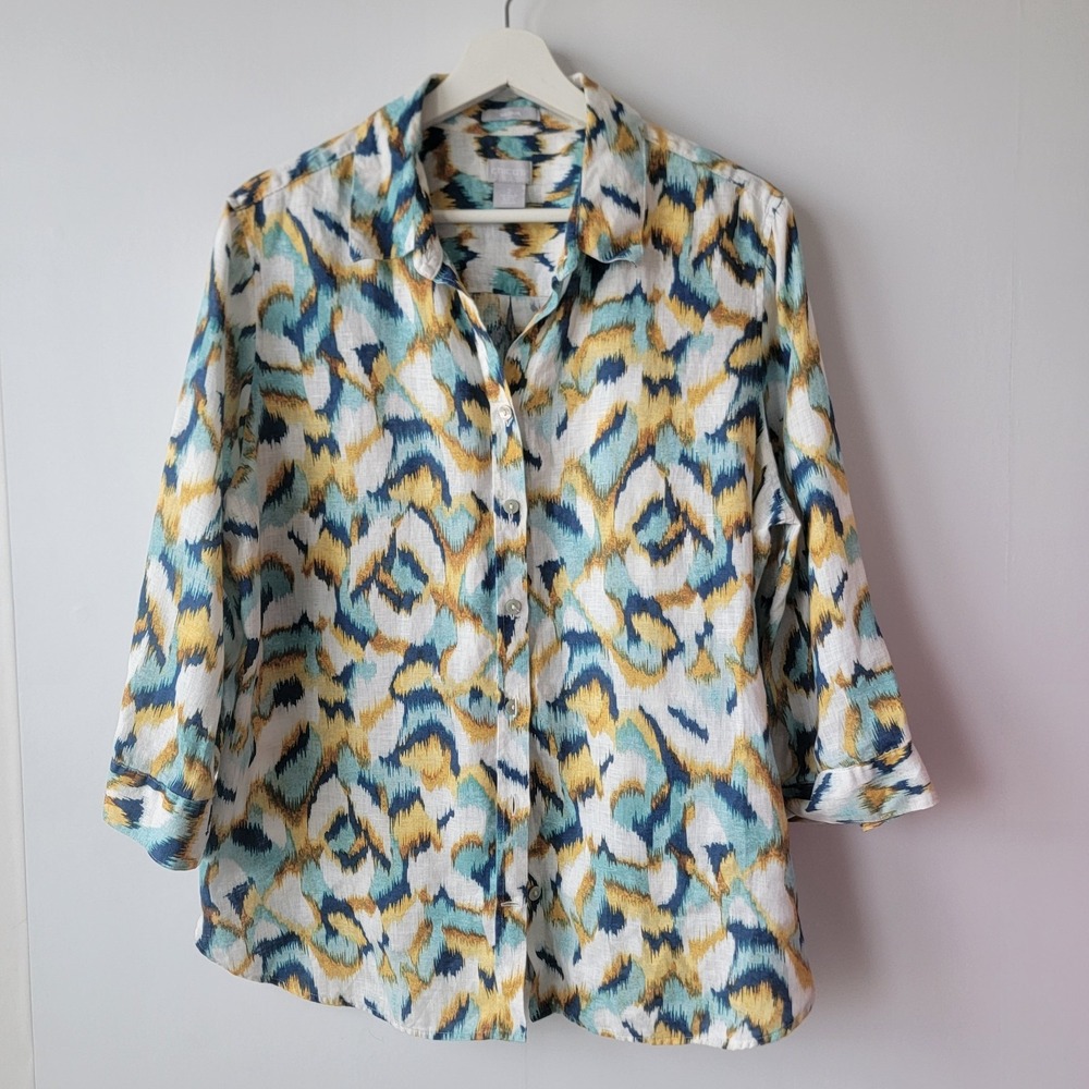 Chico's women's 100%‎ Linen No-Iron Ikat Print Shirt size 12  Button-Up beachy